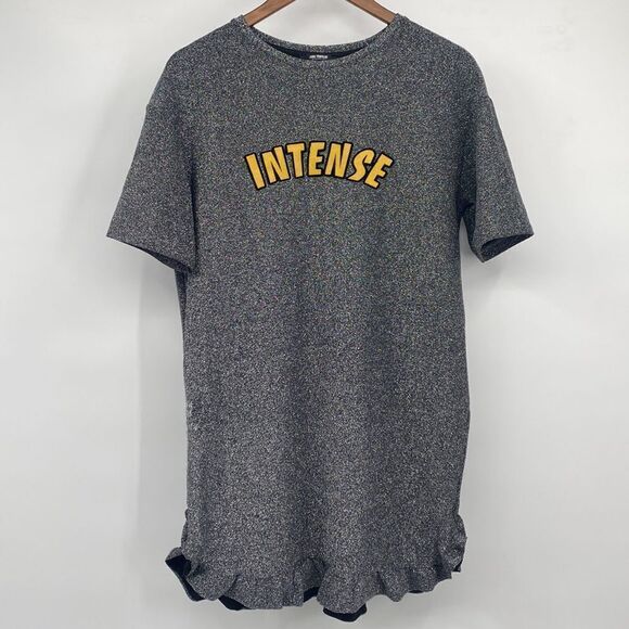 Zara Trafaluc Intense Silver Metallic Short Sleeve Ruffle Trim Tunic Dress Small - Picture 1 of 7